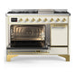 ILVE Majestic III 48-Inch Dual Fuel Range with 5 Sealed Burners + Griddle + French Top, 5.02 cu. ft. Oven, Antique White with Brass Trim, Liquid Propane, Solid Door, UM48FQNR3AWGLP