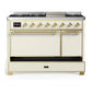 ILVE Majestic III 48-Inch Dual Fuel Range with 5 Sealed Burners + Griddle + French Top, 5.02 cu. ft. Oven, Antique White with Brass Trim, Liquid Propane, Solid Door, UM48FQNR3AWGLP