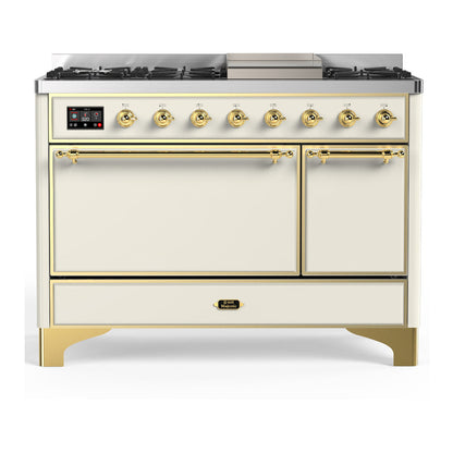 ILVE Majestic III 48-Inch Dual Fuel Range with 5 Sealed Burners + Griddle + French Top, 5.02 cu. ft. Oven, Antique White with Brass Trim, Natural Gas, Solid Door, UM48FQNR3AWG