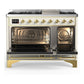 ILVE Majestic III 48-Inch Dual Fuel Range with 5 Sealed Burners + Griddle + French Top, 5.02 cu. ft. Oven, Antique White with Brass Trim, Natural Gas, Solid Door, UM48FQNR3AWG