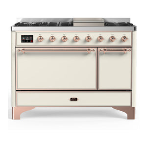 ILVE Majestic III 48-Inch Dual Fuel Range with 5 Sealed Burners + Griddle + French Top, 5.02 cu. ft. Oven, Antique White with Copper Trim, Liquid Propane, Solid Door, UM48FQNR3AWPLP