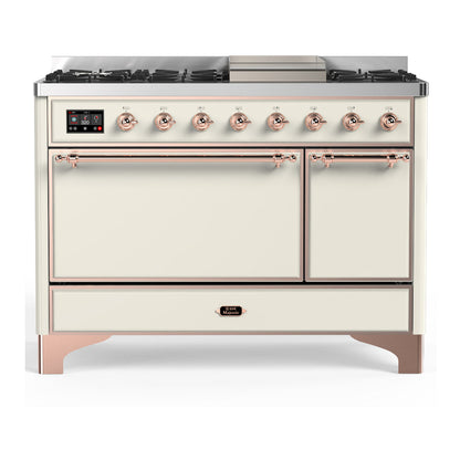 ILVE Majestic III 48-Inch Dual Fuel Range with 5 Sealed Burners + Griddle + French Top, 5.02 cu. ft. Oven, Antique White with Copper Trim, Natural Gas, Solid Door, UM48FQNR3AWP