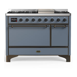 ILVE Majestic III 48-Inch Dual Fuel Range with 5 Sealed Burners + Griddle + French Top, 5.02 cu. ft. Oven, Blue Grey with Burnished Trim, Liquid Propane, Solid Door, UM48FQNR3BGBLP