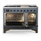 ILVE Majestic III 48-Inch Dual Fuel Range with 5 Sealed Burners + Griddle + French Top, 5.02 cu. ft. Oven, Blue Grey with Burnished Trim, Liquid Propane, Solid Door, UM48FQNR3BGBLP