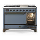 ILVE Majestic III 48-Inch Dual Fuel Range with 5 Sealed Burners + Griddle + French Top, 5.02 cu. ft. Oven, Blue Grey with Burnished Trim, Liquid Propane, Solid Door, UM48FQNR3BGBLP
