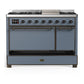 ILVE Majestic III 48-Inch Dual Fuel Range with 5 Sealed Burners + Griddle + French Top, 5.02 cu. ft. Oven, Blue Grey with Burnished Trim, Liquid Propane, Solid Door, UM48FQNR3BGBLP