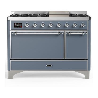 ILVE Majestic III 48-Inch Dual Fuel Range with 5 Sealed Burners + Griddle + French Top, 5.02 cu. ft. Oven, Blue Grey with Chrome Trim, Liquid Propane, Solid Door, UM48FQNR3BGCLP