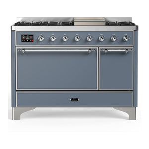 ILVE Majestic III 48-Inch Dual Fuel Range with 5 Sealed Burners + Griddle + French Top, 5.02 cu. ft. Oven, Blue Grey with Chrome Trim, Natural Gas, Solid Door, UM48FQNR3BGC