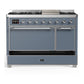 ILVE Majestic III 48-Inch Dual Fuel Range with 5 Sealed Burners + Griddle + French Top, 5.02 cu. ft. Oven, Blue Grey with Chrome Trim, Natural Gas, Solid Door, UM48FQNR3BGC