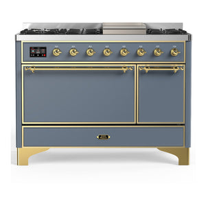 ILVE Majestic III 48-Inch Dual Fuel Range with 5 Sealed Burners + Griddle + French Top, 5.02 cu. ft. Oven, Blue Grey with Brass Trim, Liquid Propane, Solid Door, UM48FQNR3BGGLP