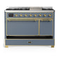 ILVE Majestic III 48-Inch Dual Fuel Range with 5 Sealed Burners + Griddle + French Top, 5.02 cu. ft. Oven, Blue Grey with Brass Trim, Liquid Propane, Solid Door, UM48FQNR3BGGLP