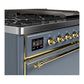 ILVE Majestic III 48-Inch Dual Fuel Range with 5 Sealed Burners + Griddle + French Top, 5.02 cu. ft. Oven, Blue Grey with Brass Trim, Liquid Propane, Solid Door, UM48FQNR3BGGLP