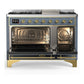 ILVE Majestic III 48-Inch Dual Fuel Range with 5 Sealed Burners + Griddle + French Top, 5.02 cu. ft. Oven, Blue Grey with Brass Trim, Natural Gas, Solid Door, UM48FQNR3BGG