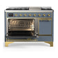 ILVE Majestic III 48-Inch Dual Fuel Range with 5 Sealed Burners + Griddle + French Top, 5.02 cu. ft. Oven, Blue Grey with Brass Trim, Natural Gas, Solid Door, UM48FQNR3BGG