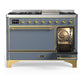 ILVE Majestic III 48-Inch Dual Fuel Range with 5 Sealed Burners + Griddle + French Top, 5.02 cu. ft. Oven, Blue Grey with Brass Trim, Natural Gas, Solid Door, UM48FQNR3BGG