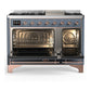 ILVE Majestic III 48-Inch Dual Fuel Range with 5 Sealed Burners + Griddle + French Top, 5.02 cu. ft. Oven, Blue Grey with Copper Trim, Liquid Propane, Solid Door, UM48FQNR3BGPLP