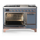 ILVE Majestic III 48-Inch Dual Fuel Range with 5 Sealed Burners + Griddle + French Top, 5.02 cu. ft. Oven, Blue Grey with Copper Trim, Liquid Propane, Solid Door, UM48FQNR3BGPLP