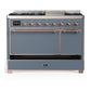 ILVE Majestic III 48-Inch Dual Fuel Range with 5 Sealed Burners + Griddle + French Top, 5.02 cu. ft. Oven, Blue Grey with Copper Trim, Liquid Propane, Solid Door, UM48FQNR3BGPLP
