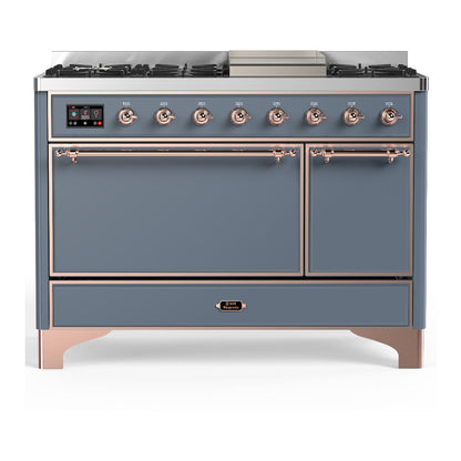 ILVE Majestic III 48-Inch Dual Fuel Range with 5 Sealed Burners + Griddle + French Top, 5.02 cu. ft. Oven, Blue Grey with Copper Trim, Natural Gas, Solid Door, UM48FQNR3BGP