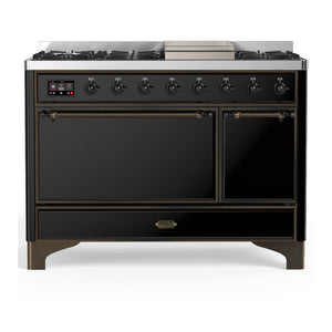 ILVE Majestic III 48-Inch Dual Fuel Range with 5 Sealed Burners + Griddle + French Top, 5.02 cu. ft. Oven, Glossy Black with Burnished Trim, Liquid Propane, Solid Door, UM48FQNR3BKBLP