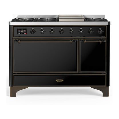 ILVE Majestic III 48-Inch Dual Fuel Range with 5 Sealed Burners + Griddle + French Top, 5.02 cu. ft. Oven, Glossy Black with Burnished Trim, Natural Gas, Solid Door, UM48FQNR3BKB
