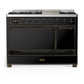 ILVE Majestic III 48-Inch Dual Fuel Range with 5 Sealed Burners + Griddle + French Top, 5.02 cu. ft. Oven, Glossy Black with Burnished Trim, Natural Gas, Solid Door, UM48FQNR3BKB