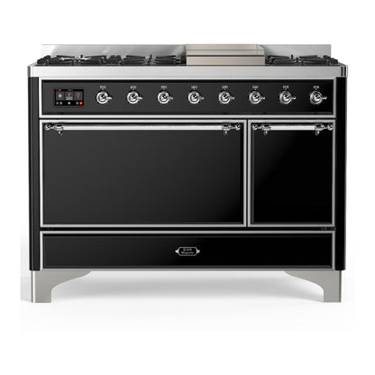 ILVE Majestic III 48-Inch Dual Fuel Range with 5 Sealed Burners + Griddle + French Top, 5.02 cu. ft. Oven, Glossy Black with Chrome Trim, Natural Gas, Solid Door, UM48FQNR3BKC