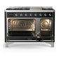 ILVE Majestic III 48-Inch Dual Fuel Range with 5 Sealed Burners + Griddle + French Top, 5.02 cu. ft. Oven, Glossy Black with Chrome Trim, Natural Gas, Solid Door, UM48FQNR3BKC