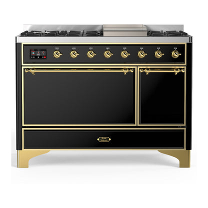ILVE Majestic III 48-Inch Dual Fuel Range with 5 Sealed Burners + Griddle + French Top, 5.02 cu. ft. Oven, Glossy Black with Brass Trim, Natural Gas, Solid Door, UM48FQNR3BKG
