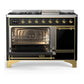 ILVE Majestic III 48-Inch Dual Fuel Range with 5 Sealed Burners + Griddle + French Top, 5.02 cu. ft. Oven, Glossy Black with Brass Trim, Natural Gas, Solid Door, UM48FQNR3BKG
