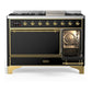 ILVE Majestic III 48-Inch Dual Fuel Range with 5 Sealed Burners + Griddle + French Top, 5.02 cu. ft. Oven, Glossy Black with Brass Trim, Natural Gas, Solid Door, UM48FQNR3BKG