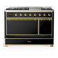 ILVE Majestic III 48-Inch Dual Fuel Range with 5 Sealed Burners + Griddle + French Top, 5.02 cu. ft. Oven, Glossy Black with Brass Trim, Natural Gas, Solid Door, UM48FQNR3BKG