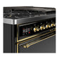 ILVE Majestic III 48-Inch Dual Fuel Range with 5 Sealed Burners + Griddle + French Top, 5.02 cu. ft. Oven, Glossy Black with Brass Trim, Natural Gas, Solid Door, UM48FQNR3BKG