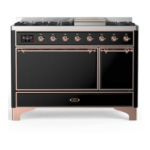 ILVE Majestic III 48-Inch Dual Fuel Range with 5 Sealed Burners + Griddle + French Top, 5.02 cu. ft. Oven, Glossy Black with Copper Trim, Liquid Propane, Solid Door, UM48FQNR3BKPLP