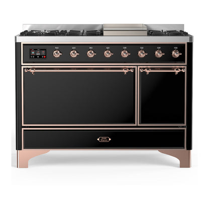 ILVE Majestic III 48-Inch Dual Fuel Range with 5 Sealed Burners + Griddle + French Top, 5.02 cu. ft. Oven, Glossy Black with Copper Trim, Liquid Propane, Solid Door, UM48FQNR3BKPLP