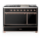 ILVE Majestic III 48-Inch Dual Fuel Range with 5 Sealed Burners + Griddle + French Top, 5.02 cu. ft. Oven, Glossy Black with Copper Trim, Liquid Propane, Solid Door, UM48FQNR3BKPLP