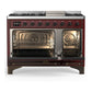 ILVE Majestic III 48-Inch Dual Fuel Range with 5 Sealed Burners + Griddle + French Top, 5.02 cu. ft. Oven, Burgundy with Burnished Trim, Liquid Propane, Solid Door, UM48FQNR3BUBLP