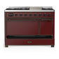 ILVE Majestic III 48-Inch Dual Fuel Range with 5 Sealed Burners + Griddle + French Top, 5.02 cu. ft. Oven, Burgundy with Burnished Trim, Liquid Propane, Solid Door, UM48FQNR3BUBLP