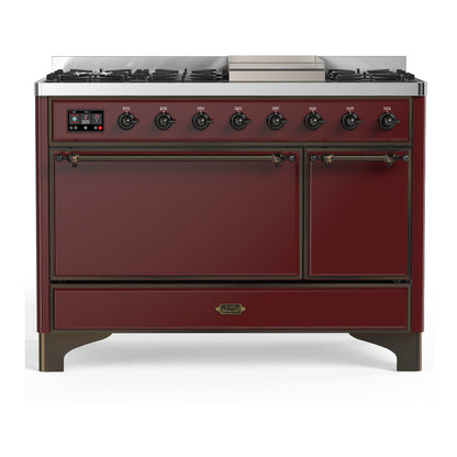 ILVE Majestic III 48-Inch Dual Fuel Range with 5 Sealed Burners + Griddle + French Top, 5.02 cu. ft. Oven, Burgundy with Burnished Trim, Natural Gas, Solid Door, UM48FQNR3BUB
