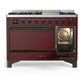 ILVE Majestic III 48-Inch Dual Fuel Range with 5 Sealed Burners + Griddle + French Top, 5.02 cu. ft. Oven, Burgundy with Burnished Trim, Natural Gas, Solid Door, UM48FQNR3BUB