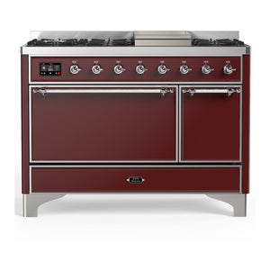 ILVE Majestic III 48-Inch Dual Fuel Range with 5 Sealed Burners + Griddle + French Top, 5.02 cu. ft. Oven, Burgundy with Chrome Trim, Liquid Propane, Solid Door, UM48FQNR3BUCLP