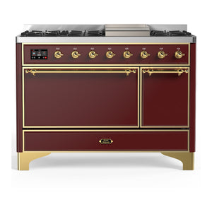 ILVE Majestic III 48-Inch Dual Fuel Range with 5 Sealed Burners + Griddle + French Top, 5.02 cu. ft. Oven, Burgundy with Brass Trim, Liquid Propane, Solid Door, UM48FQNR3BUGLP