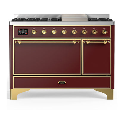 ILVE Majestic III 48-Inch Dual Fuel Range with 5 Sealed Burners + Griddle + French Top, 5.02 cu. ft. Oven, Burgundy with Brass Trim, Natural Gas, Solid Door, UM48FQNR3BUG