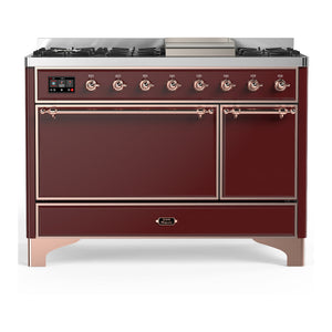 ILVE Majestic III 48-Inch Dual Fuel Range with 5 Sealed Burners + Griddle + French Top, 5.02 cu. ft. Oven, Burgundy with Copper Trim, Liquid Propane, Solid Door, UM48FQNR3BUPLP
