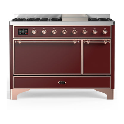 ILVE Majestic III 48-Inch Dual Fuel Range with 5 Sealed Burners + Griddle + French Top, 5.02 cu. ft. Oven, Burgundy with Copper Trim, Natural Gas, Solid Door, UM48FQNR3BUP