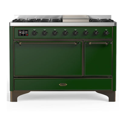 ILVE Majestic III 48-Inch Dual Fuel Range with 5 Sealed Burners + Griddle + French Top, 5.02 cu. ft. Oven, Emerald Green with Burnished Trim, Natural Gas, Solid Door, UM48FQNR3EGB