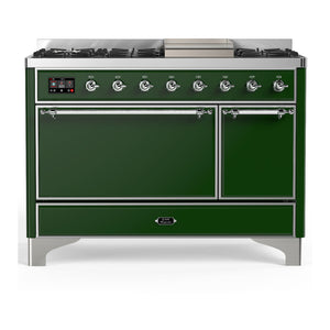 ILVE Majestic III 48-Inch Dual Fuel Range with 5 Sealed Burners + Griddle + French Top, 5.02 cu. ft. Oven, Emerald Green with Chrome Trim, Liquid Propane, Solid Door, UM48FQNR3EGCLP