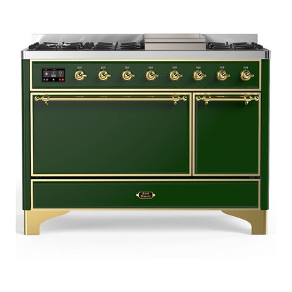 ILVE Majestic III 48-Inch Dual Fuel Range with 5 Sealed Burners + Griddle + French Top, 5.02 cu. ft. Oven, Emerald Green with Brass Trim, Natural Gas, Solid Door, UM48FQNR3EGG