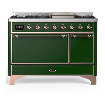 ILVE Majestic III 48-Inch Dual Fuel Range with 5 Sealed Burners + Griddle + French Top, 5.02 cu. ft. Oven, Emerald Green with Copper Trim, Natural Gas, Solid Door, UM48FQNR3EGP