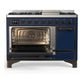ILVE Majestic III 48-Inch Dual Fuel Range with 5 Sealed Burners + Griddle + French Top, 5.02 cu. ft. Oven, Mightnight Blue with Burnished Trim, Liquid Propane, Solid Door, UM48FQNR3MBBLP